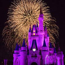 Fireworks light the sky behind Cinderella's Castle.