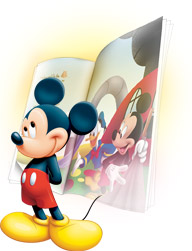 Mickey Mouse stands in front of a Mickey & Friends digital book