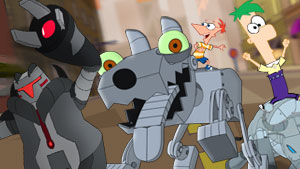 Defend the city from Dr. Doof's robots.